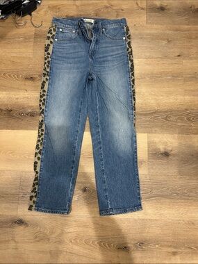 Madewell Mid-Blue Straight Leg Jeans with Leopard Side Panels
